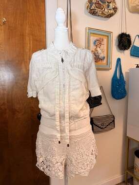 GUESS White Linen Short Sleeve Zip Jacket Ruffle Collar Y2K Size S